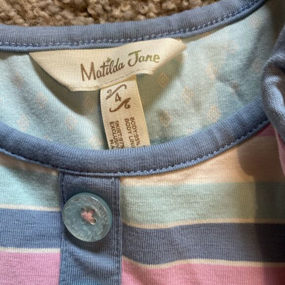 Matilda Jane Girls Dress Size 4 Sleeveless Blue Pink Stripe Top Floral Skirt - Picture 2 of 3